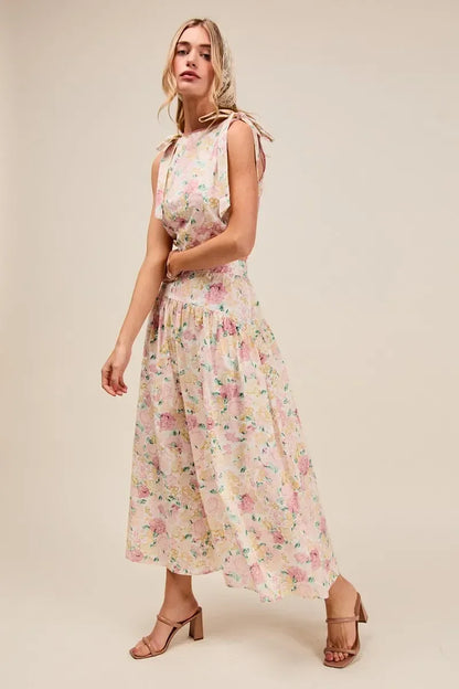 SO ME Floral Printed Woven Shoulder Bow Tie Top and Skirt Set - DAVERRI FASHIONS