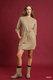 Umgee Drawstring Cable Knit Mini Dress with Pockets | Daverri Fashions