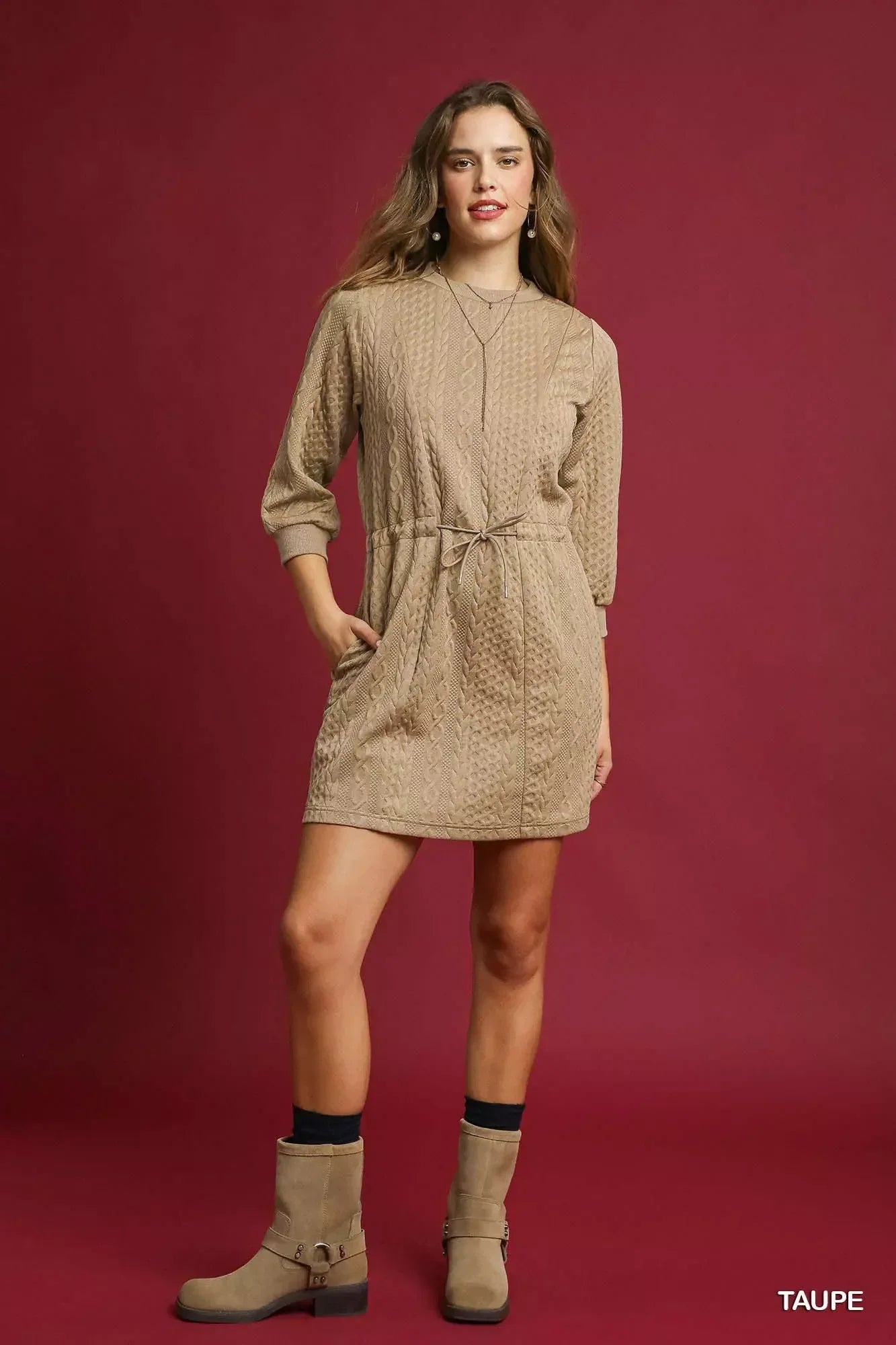Umgee Drawstring Cable Knit Mini Dress with Pockets - DAVERRI FASHIONS