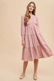MAUVE Annie Wear Textured Smocking Bodice Tiered Midi Dress | Daverri Fashions