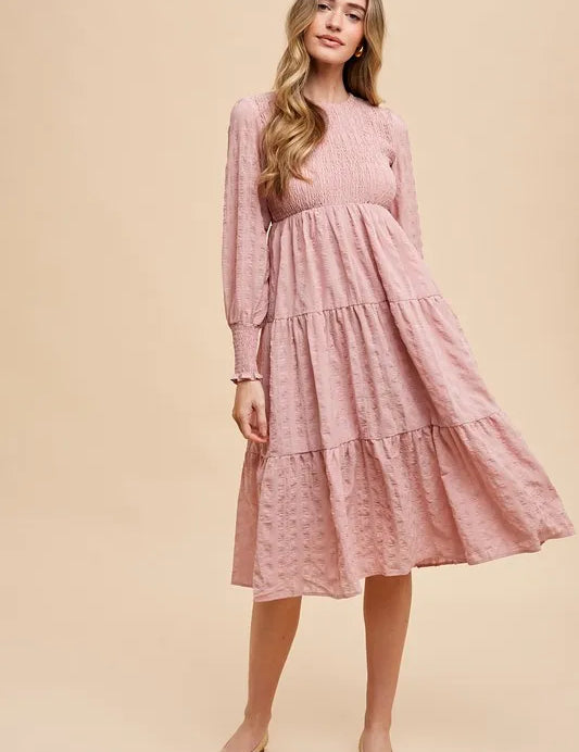 MAUVE Annie Wear Textured Smocking Bodice Tiered Midi Dress | Daverri Fashions