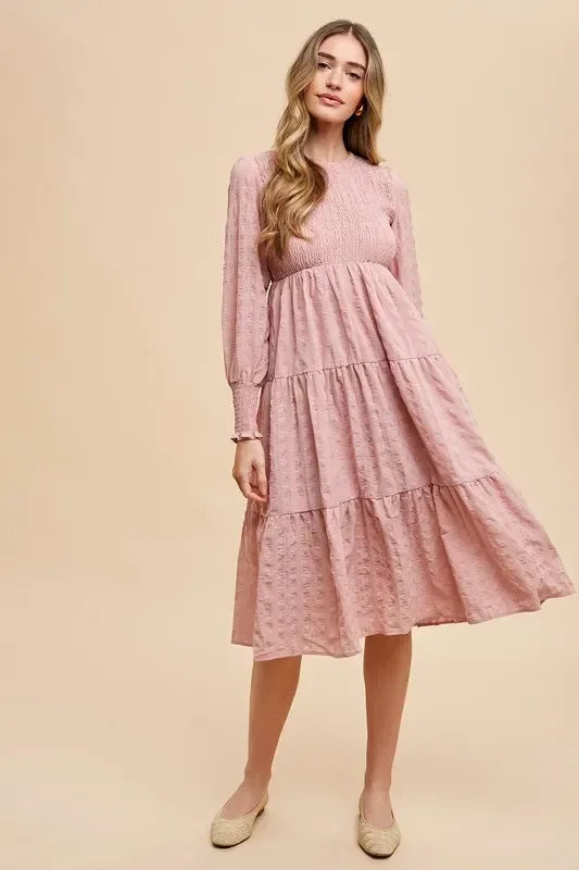 Annie Wear Textured Smocking Bodice Tiered Midi Dress - DAVERRI FASHIONS