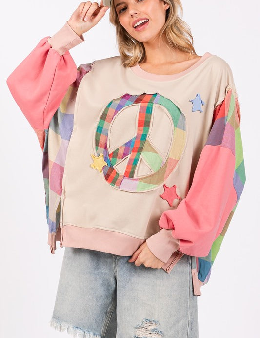 SAGE + FIG Full Size Contrast Peace Patch Dropped Shoulder Sweatshirt Coral Multicolor