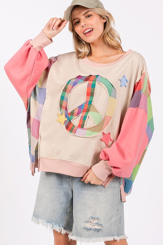 SAGE + FIG Full Size Contrast Peace Patch Dropped Shoulder Sweatshirt Coral Multicolor