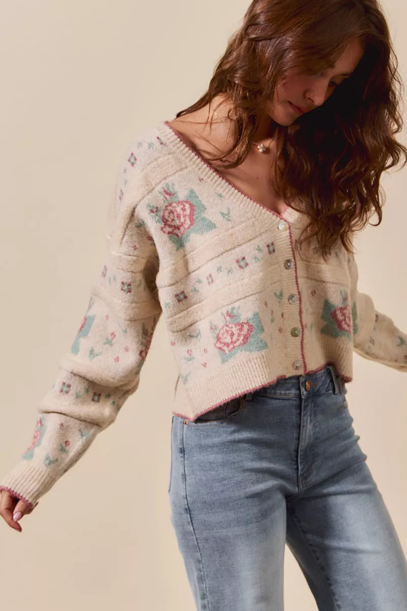 SO ME Floral Pattern Long Sleeve Button Sweater Cardigan | Cardigans Daverri Fashions