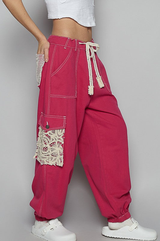 POL Crochet Overlay Pockets Drawstring Pants Pants