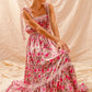 SO ME floral maxi dress in pink with lace trim, ruffles, and ribbon tie straps