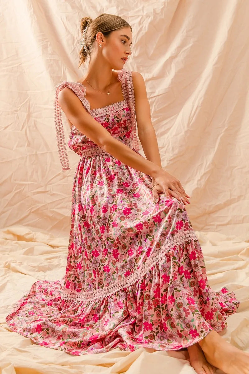 SO ME floral maxi dress in pink with lace trim, ruffles, and ribbon tie straps