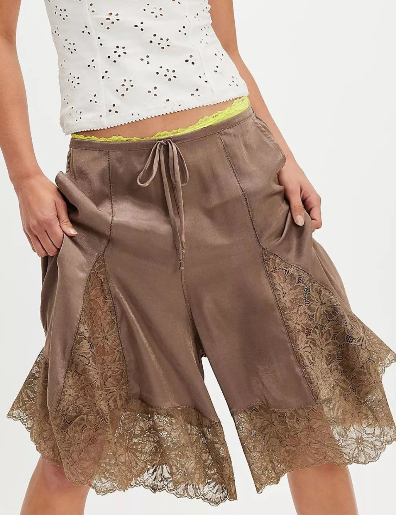 Dark Brown Lace Detail Shorts | Shorts Daverri Fashions