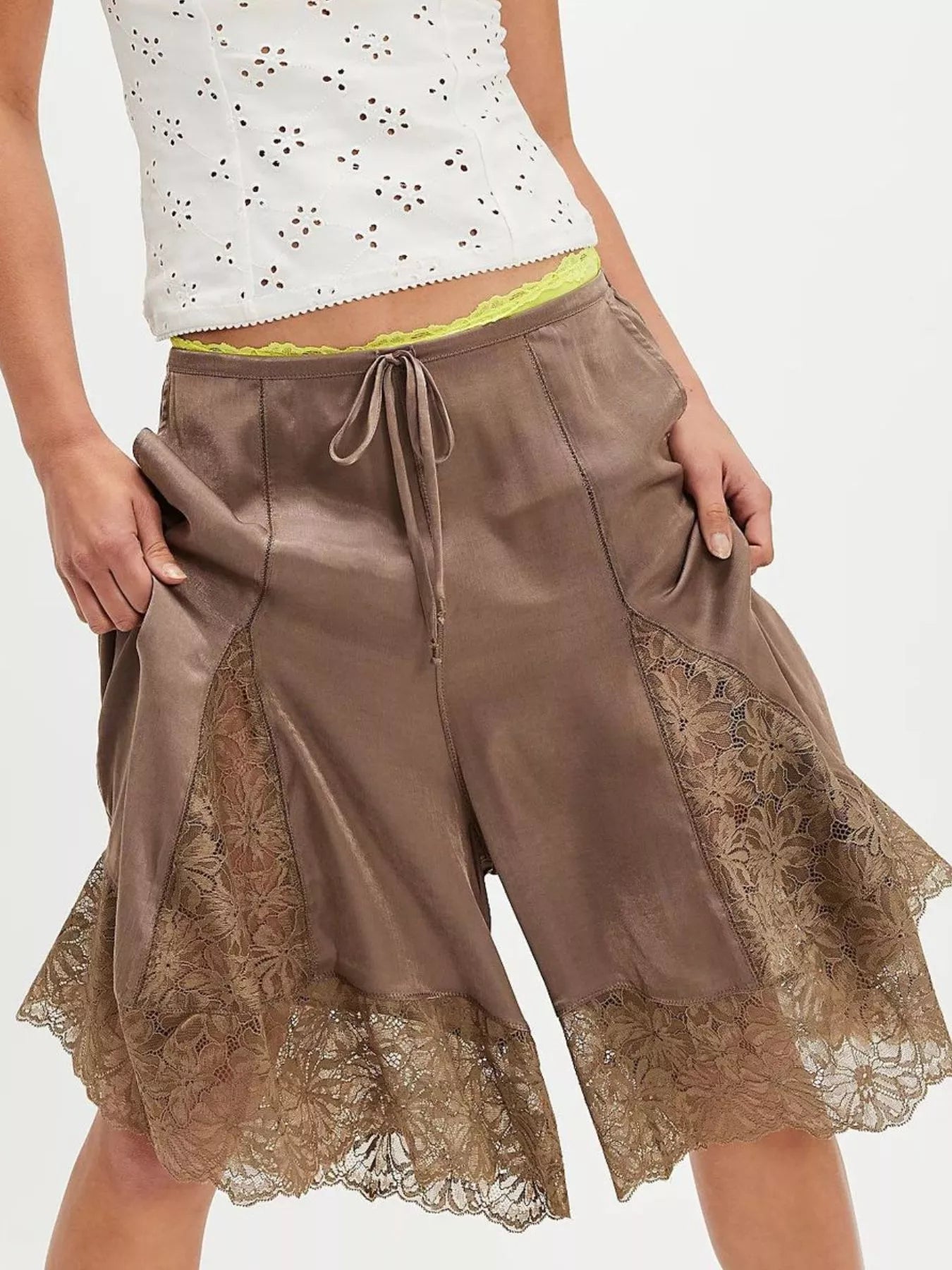Dark Brown Lace Detail Shorts | Shorts Daverri Fashions