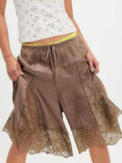 Dark Brown Lace Detail Shorts | Shorts Daverri Fashions