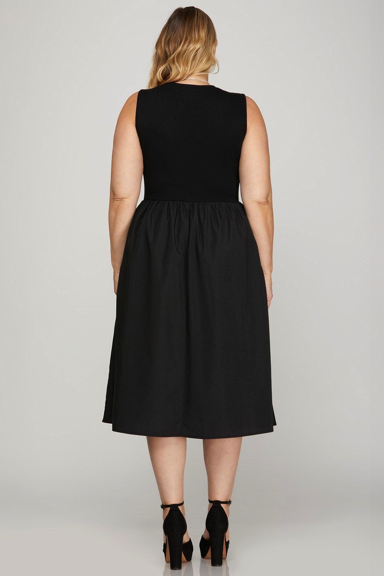 She + Sky Full Size Sleeveless Poplin Woven Midi Dress with Pockets Plus Size Midi Dresses