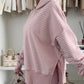 Dusty pink striped thumbhole hoodie with side slits and drop shoulders