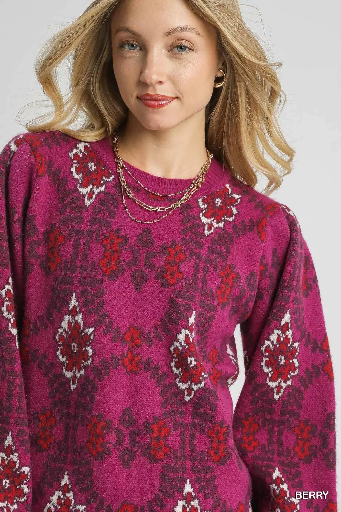 Umgee Boho Patterned Long Sleeve Sweater - DAVERRI FASHIONS