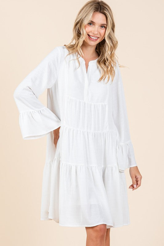 Mittoshop Tiered Notched Flare Sleeve Dress Ivory