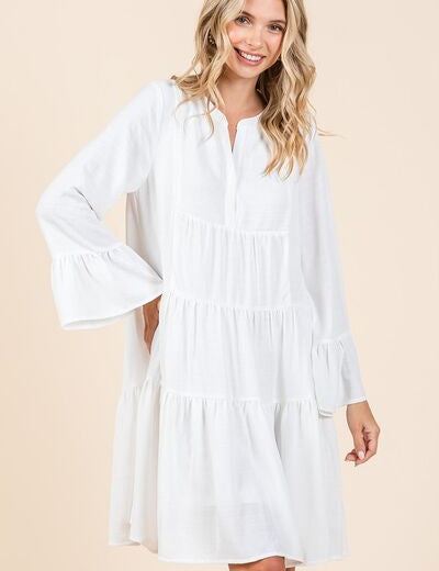 Mittoshop Tiered Notched Flare Sleeve Dress Ivory Midi Dresses