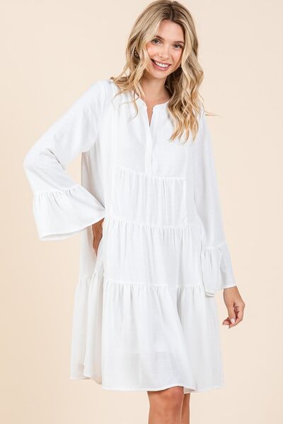 Mittoshop Tiered Notched Flare Sleeve Dress Ivory Midi Dresses