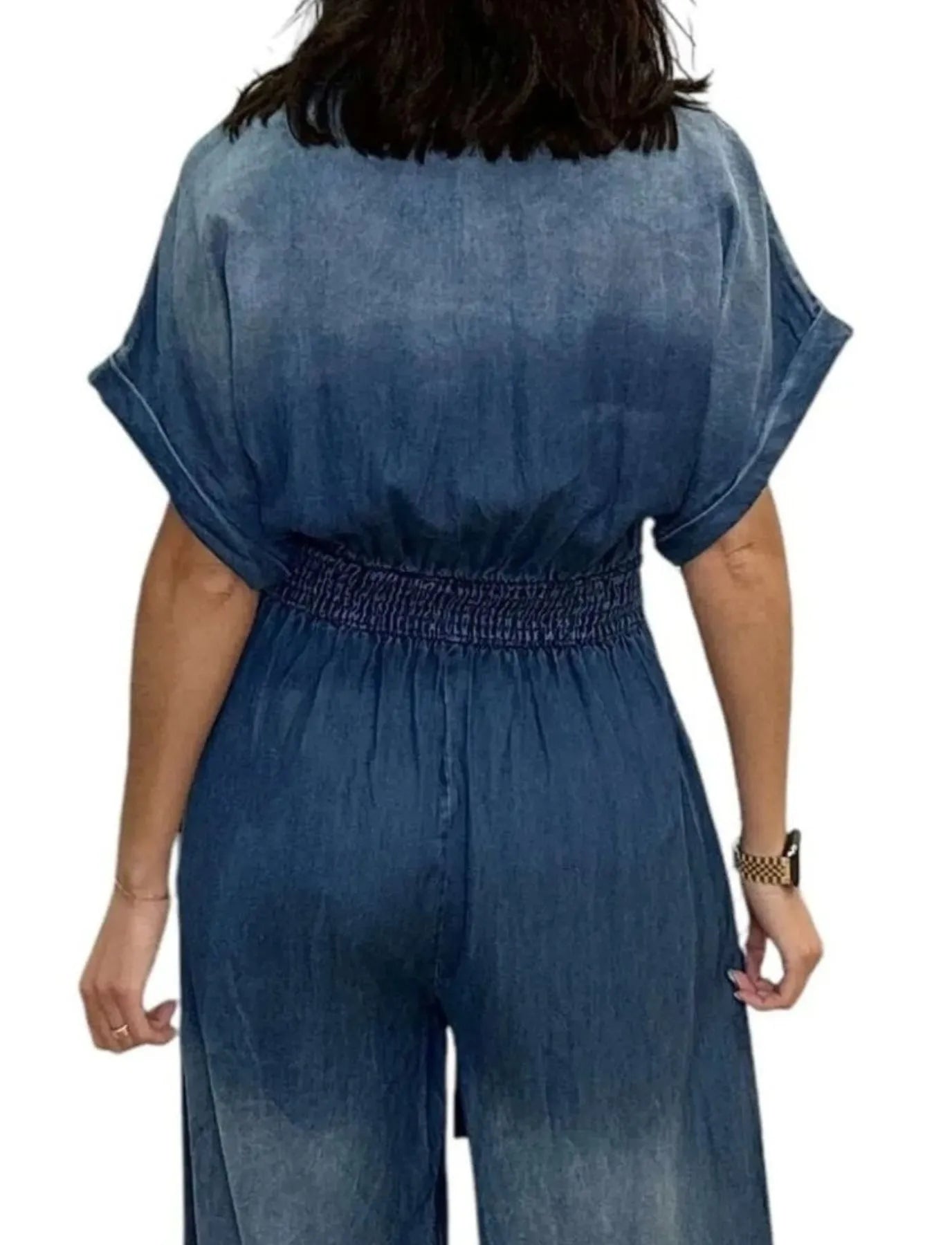 Daverri Fashions blue faded wash denim jumpsuit with button front and wide legs