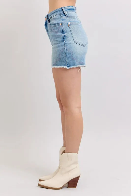 Judy Blue High Waist Western Embroidery Detail Cut Off Denim Shorts