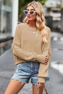 Beige ribbed knit round neck drop shoulder long sleeve sweater
