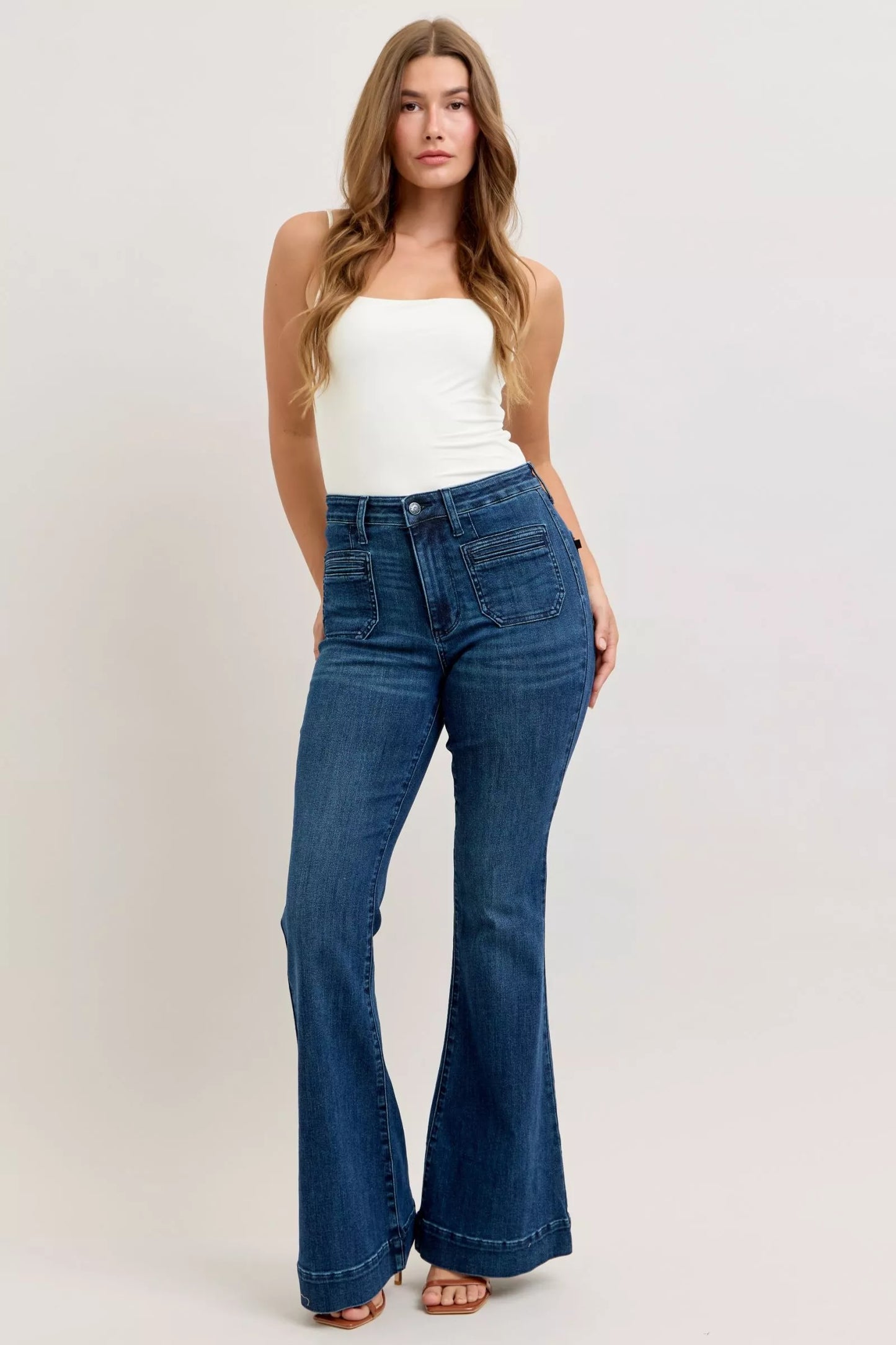 Judy Blue high-waisted blue denim flare jeans with five-pocket design and fading