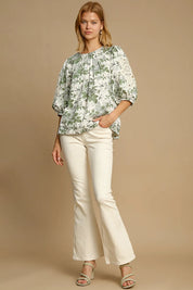 Umgee Floral Pleated Detail Lace Trim Sleeve Blouse | Daverri Fashions