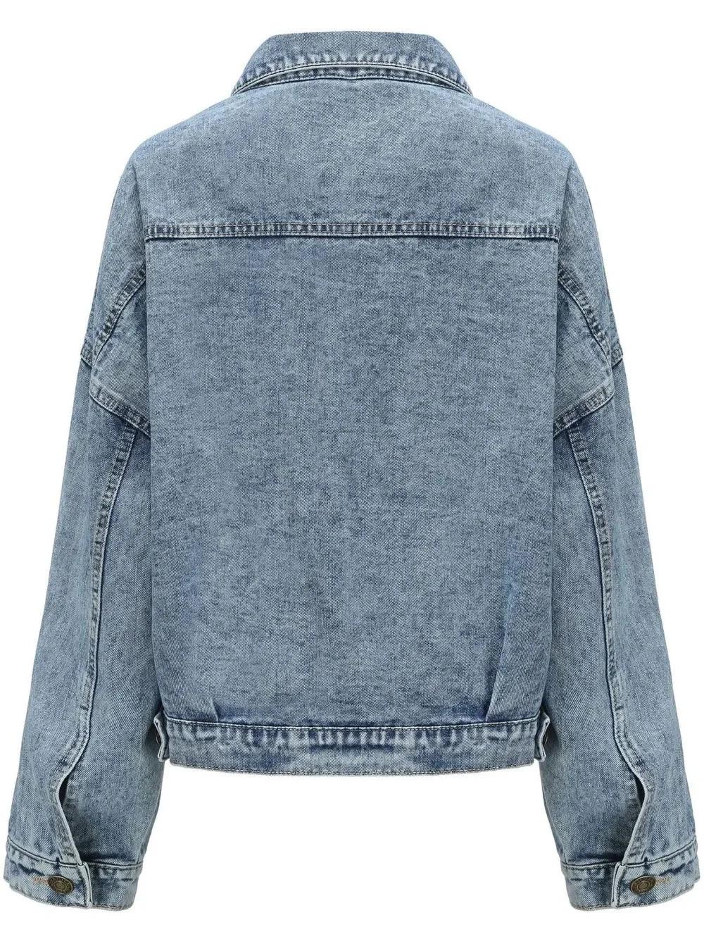 Button Down Drop Shoulder Denim Jacket - DAVERRI FASHIONS