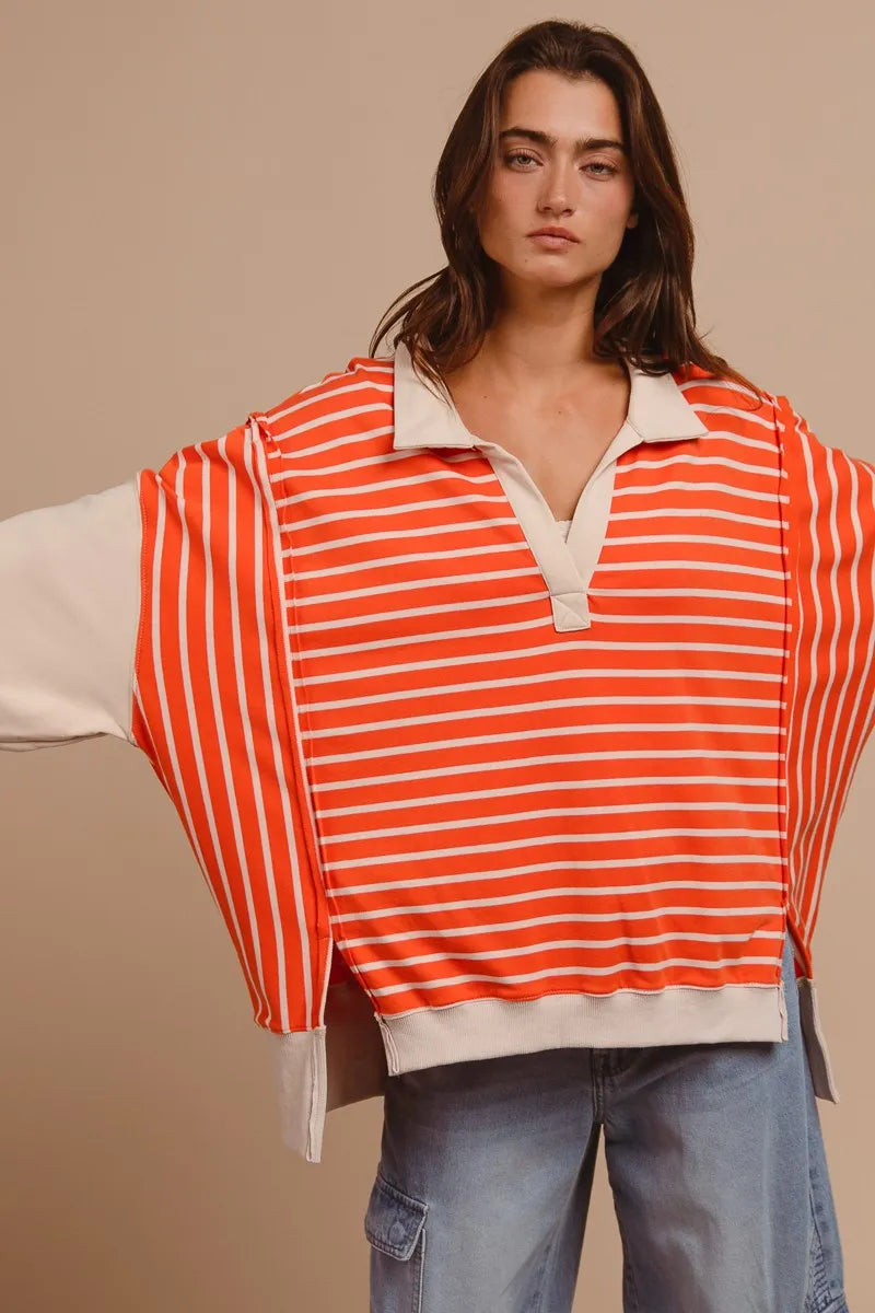 BiBi Stripe Knit Loose Fit Top With Cut Edge Detail Tops