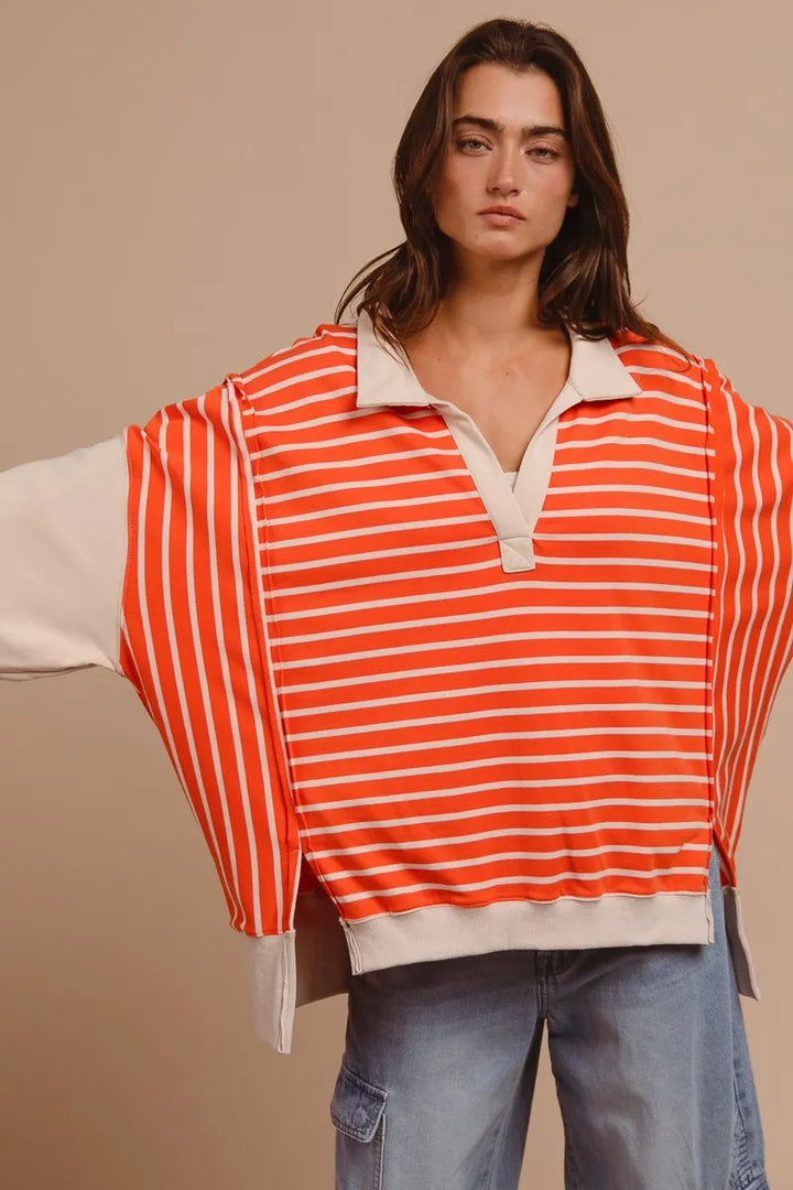 BiBi Stripe Knit Loose Fit Top With Cut Edge Detail Tops