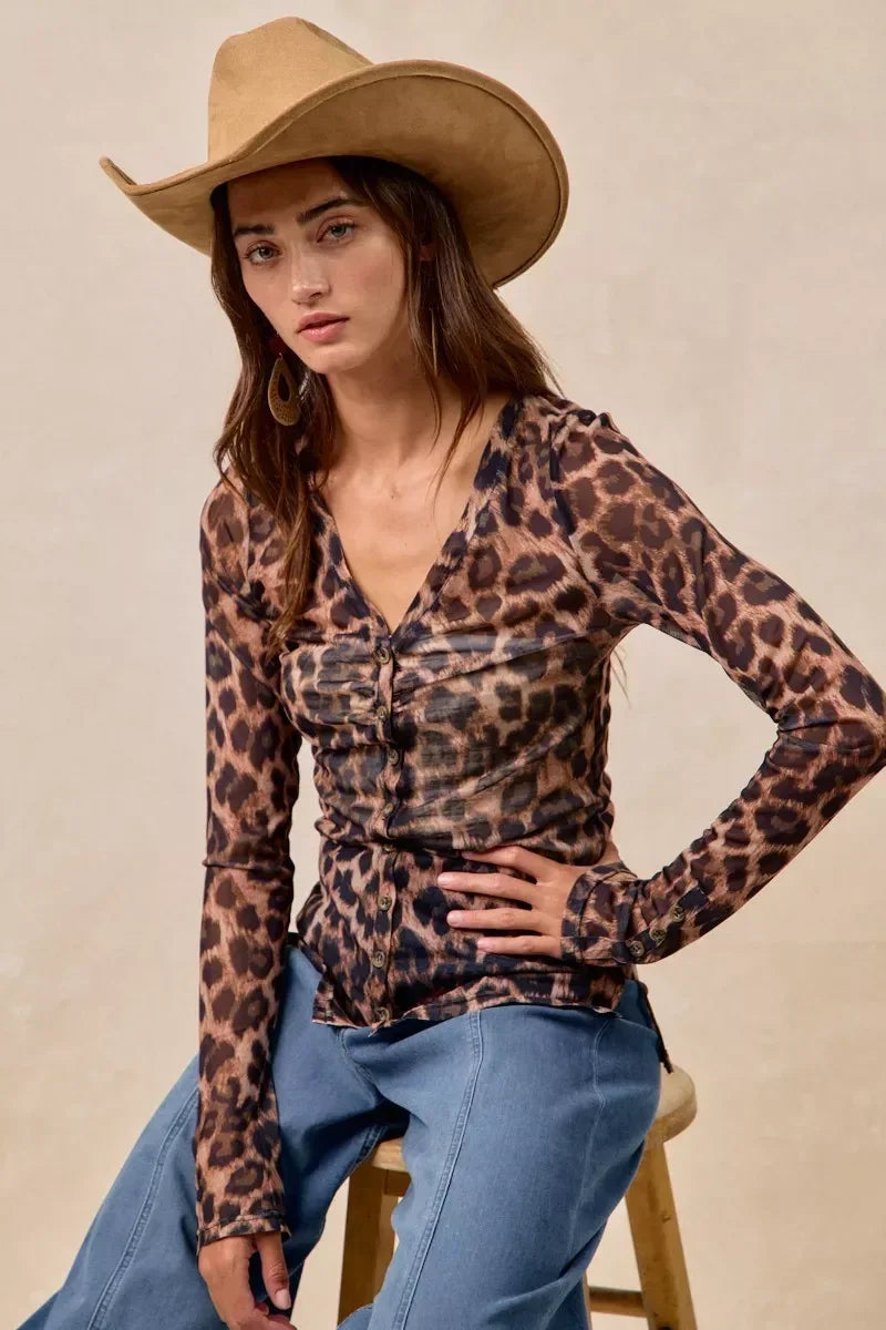 BiBi Leopard Printed Mesh Shirt With Button Up V Neck - DAVERRI FASHIONS