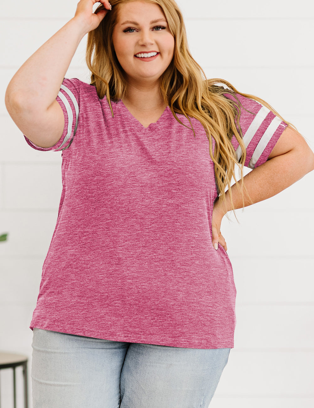 Light Mauve Plus Size Striped V-Neck Tee Shirt | T-Shirts Daverri Fashions
