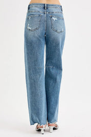 RISEN Full Size Mid Rise Fit Wide Baggy Leg Tie Washed Jeans Plus Size | Jeans Daverri Fashions