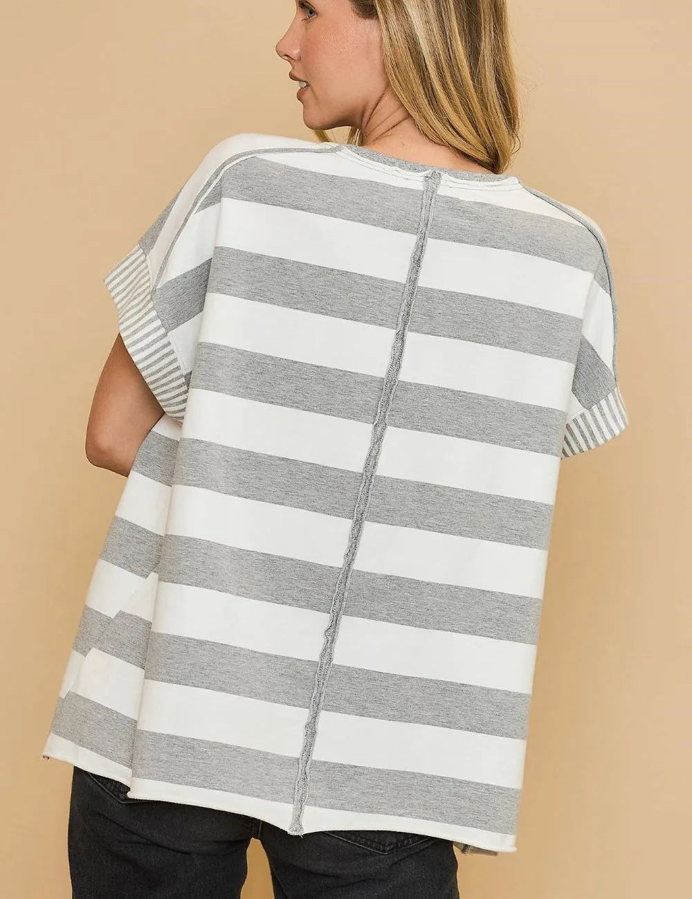 Umgee Peace Sign Patch Striped French Terry T-Shirt | T-Shirts Daverri Fashions