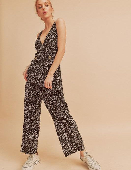 Aemi + Co Ditsy Floral Surplice Sleeveless Wide Leg Jumpsuit | Jumpsuits Daverri Fashions