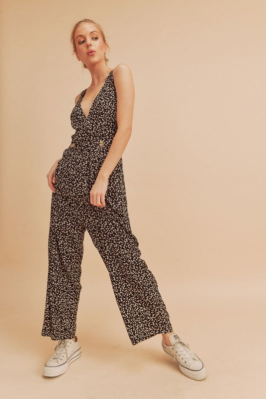 Aemi + Co Ditsy Floral Surplice Sleeveless Wide Leg Jumpsuit Jumpsuits