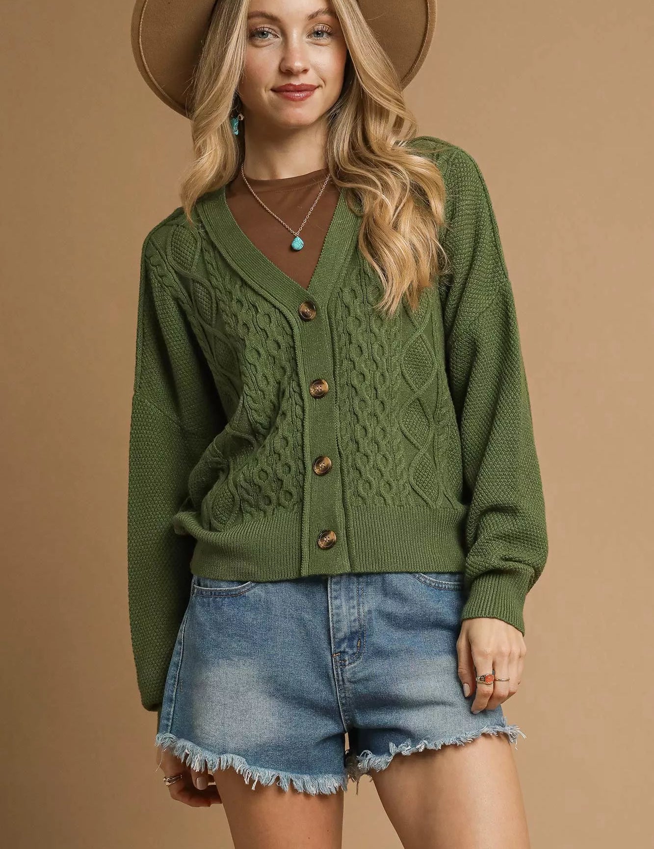 Olive Umgee Chunky Cable Knit V-Neck Button-Up Cardigan Olive | Cardigans Daverri Fashions