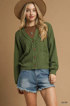 Umgee Chunky Cable Knit V-Neck Button-Up Cardigan Olive - DAVERRI FASHIONS