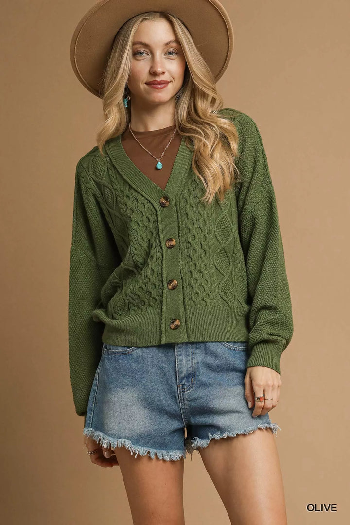Olive Umgee Chunky Cable Knit V-Neck Button-Up Cardigan | Cardigans Daverri Fashions