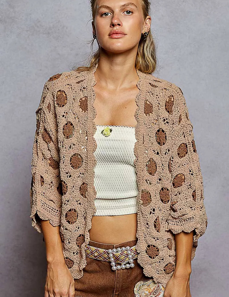 POL Openwork V-Neck Chenille Cardigan with Contrast Floral | Daverri Fashions