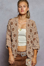POL Openwork V-Neck Chenille Cardigan with Contrast Floral | Daverri Fashions