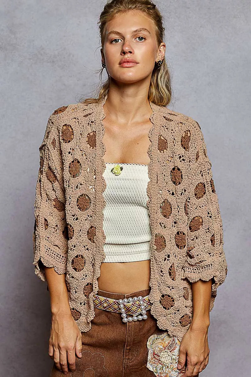POL Openwork V-Neck Chenille Cardigan with Contrast Floral | Daverri Fashions