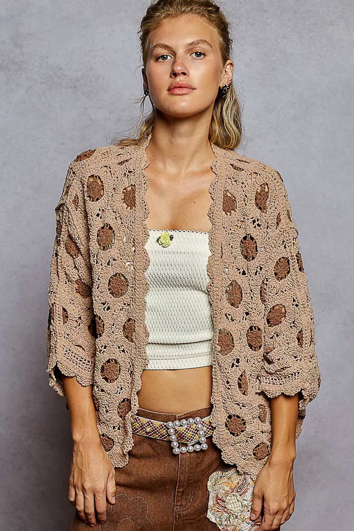 POL Openwork V-Neck Chenille Cardigan with Contrast Floral | Daverri Fashions