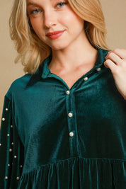 Umgee Pearl Detail Half Sleeve Velvet Babydoll Blouse | Blouses Daverri Fashions