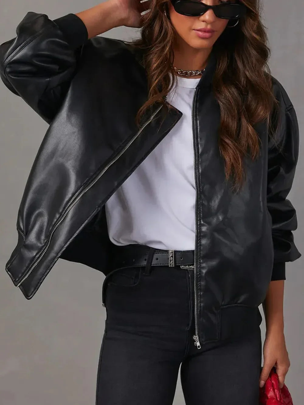 Zip Up Long Sleeve Bomber Jacket - DAVERRI FASHIONS