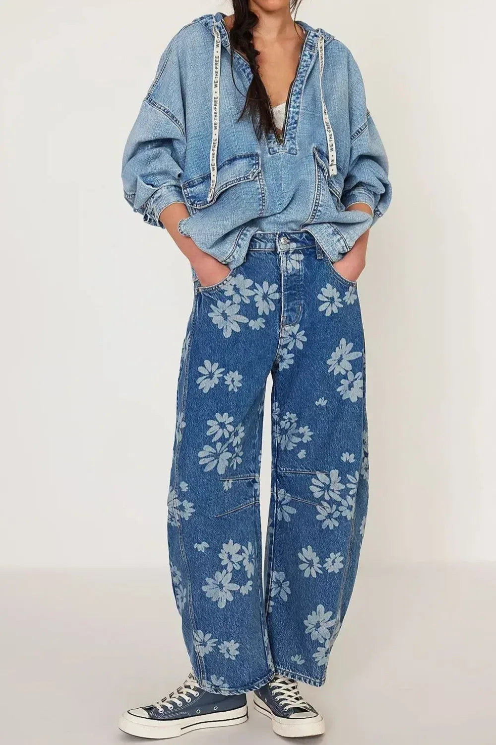 Flower Print Wide Leg Jeans - DAVERRI FASHIONS
