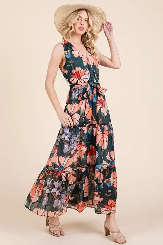 Lime 'N' Chili Floral Print Sleeveless Tie Waist Maxi Dress - DAVERRI FASHIONS