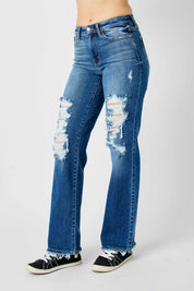 Judy Blue Full Size Mid Rise Distressed Raw Hem Jeans | Daverri Fashions