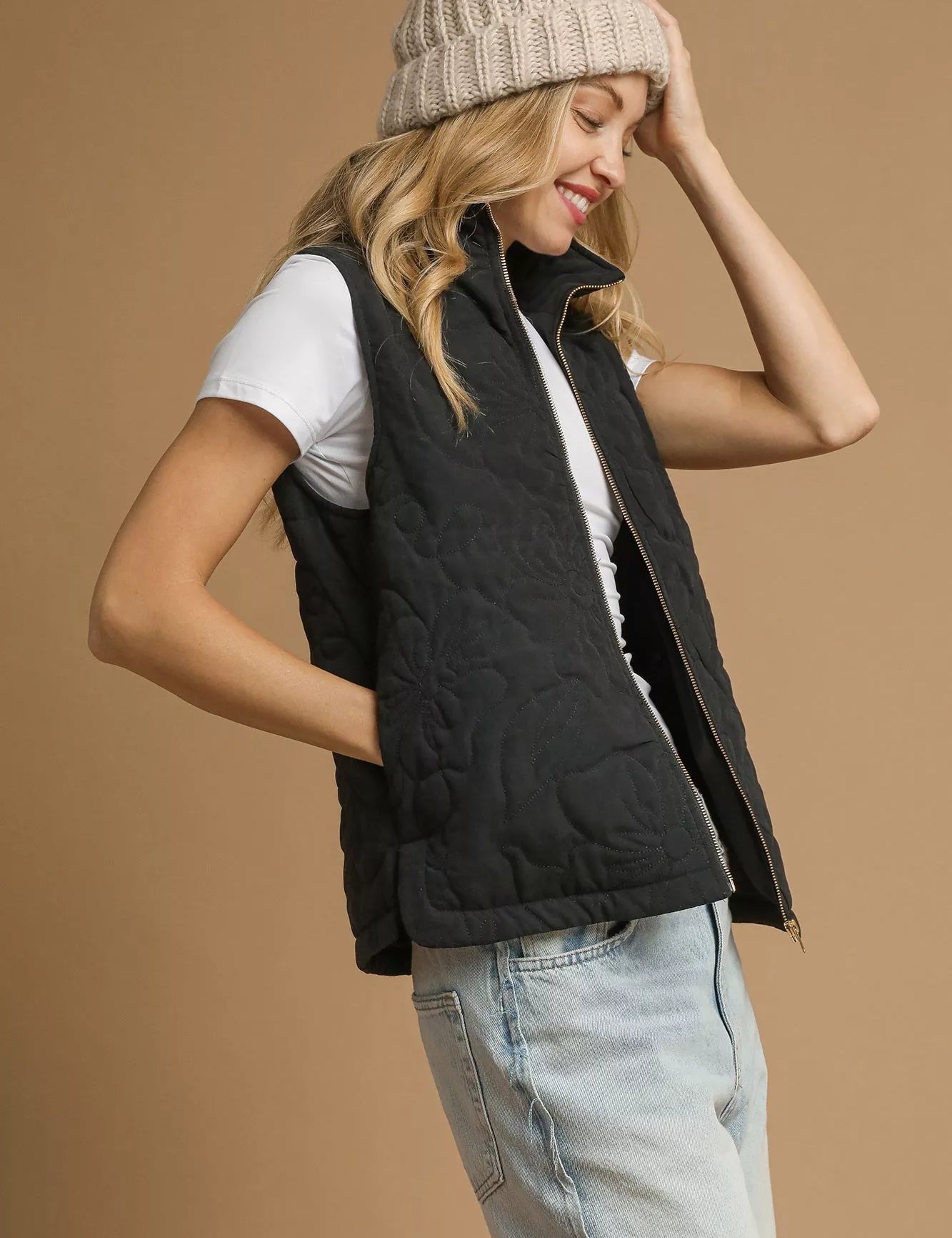 Umgee Quilted Floral Zip Up Vest with Pockets | Vest Jackets Daverri Fashions