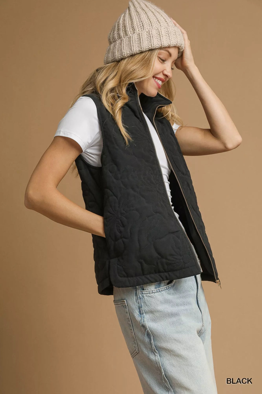 Umgee Quilted Floral Zip Up Vest with Pockets | Vest Jackets Daverri Fashions