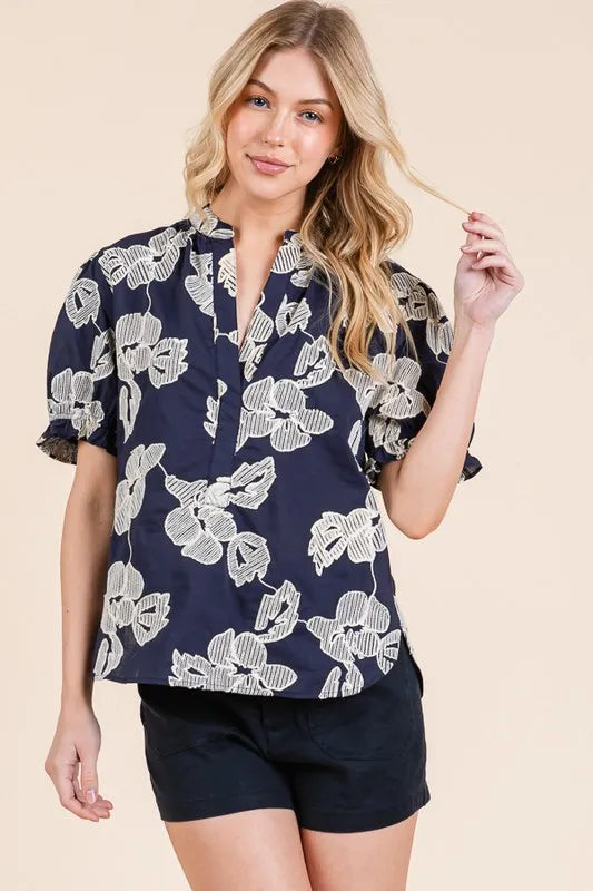 Lime 'N' Chili Embroidered Split Neck Puff Sleeve Blouse